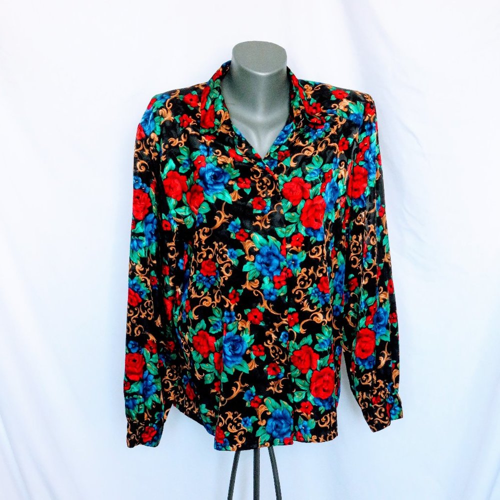1980s Vintage Bright Bue & Red Roses Print Blouse
